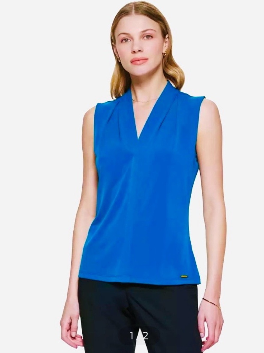 New Calvin Klein Sleeveless Pleat V Neck Collar Knit Blouse Royal Blue Large